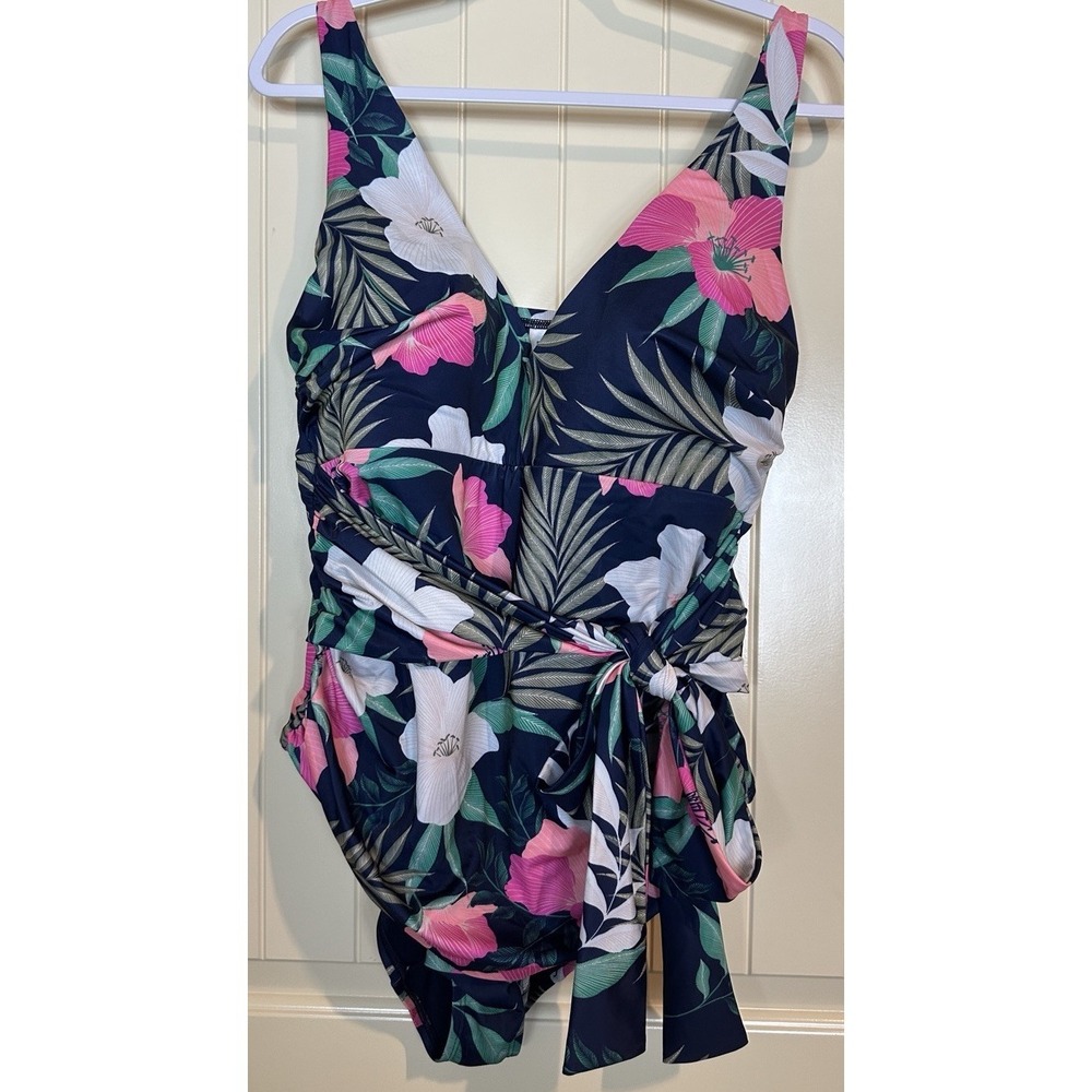 One Piece Floral Bathing SwimSuit Tie Faux Wrap Lane‎ Bryant, Size 16 Floral